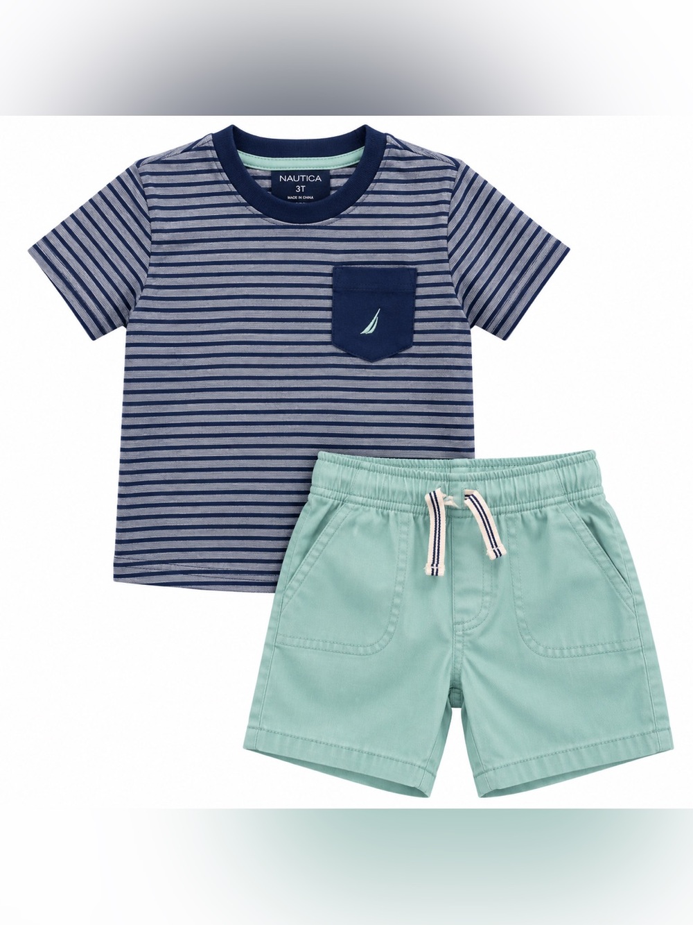 Nautica Toddler Boys 3T 2 Piece Striped T Shirt Mint Shorts Outfit Set